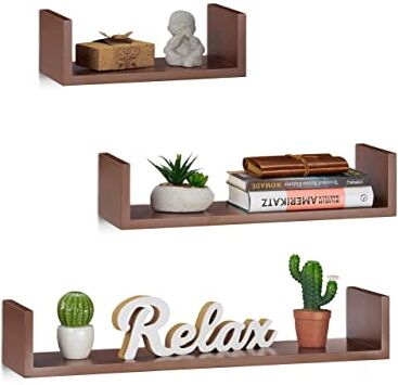 Relaxdays Set 3 Mensole da Parete a Forma di U, Rettangolari, Profondità 15 cm, per Libri, DVD e Decorazioni, Marrone