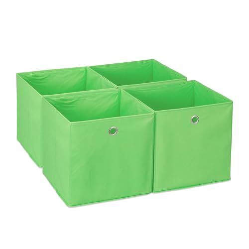 Relaxdays Scatola Portaoggetti, Set 4 Box a Cubo da Scaffale, HLP 30 x 30 x 30 cm, Portagiochi Pieghevole, Stoffa, Verde, Poliestere, Cartone