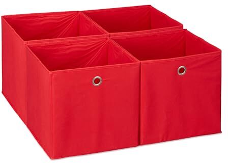 Relaxdays Scatola Portaoggetti, Set 4 Box a Cubo da Scaffale, HLP 30 x 30 x 30 cm, Portagiochi Pieghevole, Stoffa, Rosso, Poliestere, Cartone