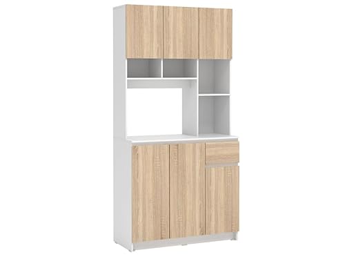 Unique Credenza da cucina con 6 ante, 1 cassetto e 5 nicchie Naturale chiaro e Bianco NIZALI