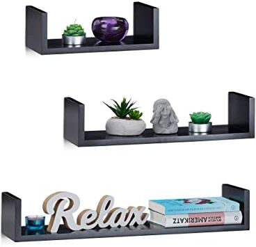 Relaxdays Set 3 Mensole da Parete a Forma di U, Rettangolari, Profondità 15 cm, per Libri, DVD e Decorazioni, Nero, legno mdf