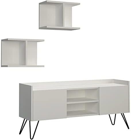 BAKAJI Mobile TV + 2 Mensole in Legno MDF con 2 Ripiani Porta Console Videogiochi DVD Centrale + Doppia Anta Parete Attrezzata Mobiletto Porta Televisore Design Moderno 125 x 33 x 56 cm (Bianco)