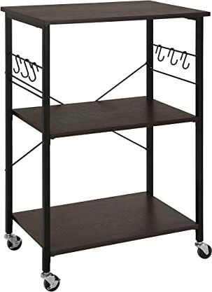 Amazon Basics Carrello multiuso da cucina, 3 ripiani e ruote, 6 ganci, nero/marrone rustico, 60 cm