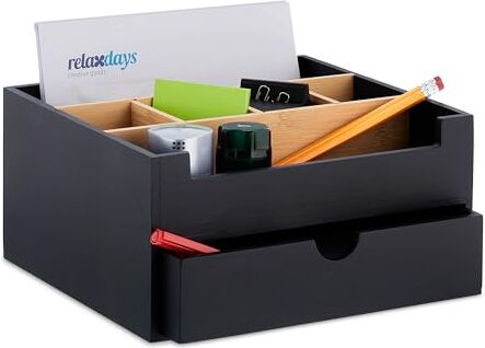 Relaxdays Organizer da scrivania, 1 cassetto, 6 scomparti, in bambù, altezza x larghezza x profondità: 13 x 26 x 23,5 cm, colore: nero/naturale