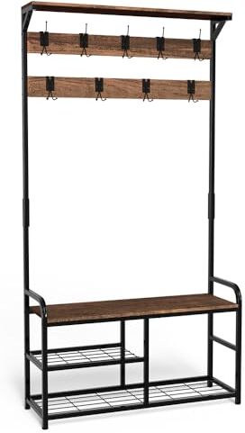 VOUNOT Stand Appendiabiti da Terra con Panca Scarpiera a 3 Ripiani, Attaccapanni Autoportante Mobile Ingresso Corridoio 9 Ganci Rimovibili, Design Moderno Industriale 85x33x185cm