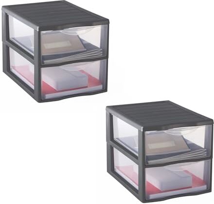 Sundis Orgamix, set di 2 cassettiere plastica, 2 cassetti A4 trasparenti, altezza 25,5 cm, impilabile, ideale per l'archiviazione in ufficio, lezioni, documenti, materiale di consumo