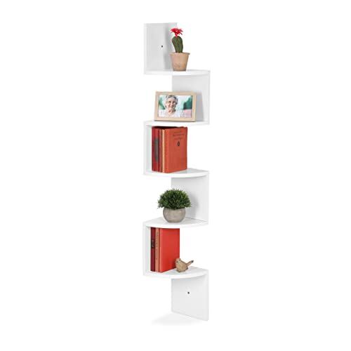 Relaxdays Libreria Angolare, 5 Ripiani, HLP 122,5 x 19,5 x 19,5 cm, Scaffale Sospeso con Design Asimmetrico, Bianco