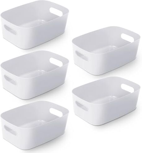 KEPLIN Cestino da Studio in Plastica Bianco 5pz, Scatole Portaoggetti per Casa o Ufficio Contenitore Adatto per Scaffali, Cassetti, Guardaroba (25,5 x 17 x 11 cm)