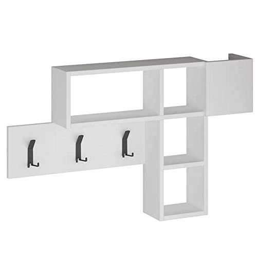 BAKAJI Appendiabiti Attaccapanni da Parete Muro con 9 Ganci Appendi Abiti e Scaffale Libreria 3 Ripiani Portaoggetti In Legno MDF Bicolore Design Moderno Dimensione 99,5 x 61 x 15 cm (Bianco)