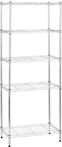 Amazon Basics Scaffaliera con 5 ripiani stretti, altezza dei ripiani e piedini di livellamento regolabili, peso massimo 453 kg, Cromo, 34 x 58.9 x 152.5 cm