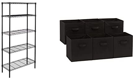 Amazon Basics 5-Shelf Storage Unit with Height Adjustable Shelves and Foldable Storage Cubes (6 Pack), Black