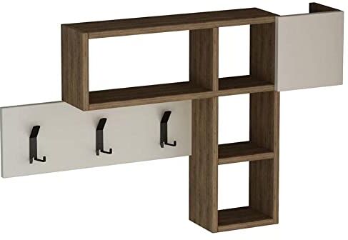 BAKAJI Appendiabiti Attaccapanni da Parete Muro con 9 Ganci Appendi Abiti e Scaffale Libreria 3 Ripiani Portaoggetti In Legno MDF Bicolore Design Moderno Dimensione 99,5 x 61 x 15 cm (Brown)