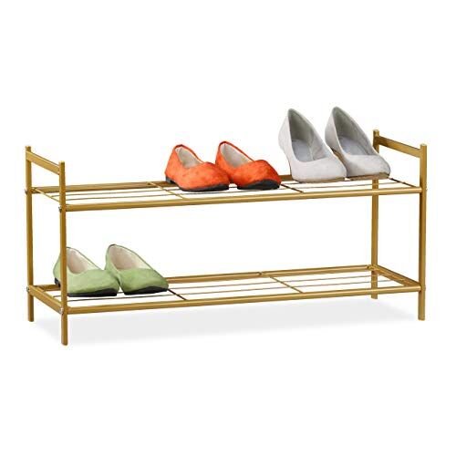 Relaxdays Scarpiera 2 Ripiani in Metallo, 6 Paia di Scarpe, 33,5 x 69,5 x 26 cm, Scaffale Ingresso Salvaspazio, Oro, Gold, 1 Pezzo