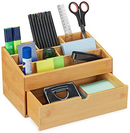 Relaxdays Portaoggetti da Scrivania in bambù, 6 Scomparti, Desk Organizer Ufficio & Studio, Accessori Cancelleria, Legno, Pannelli MDF, Naturale, 1 pz