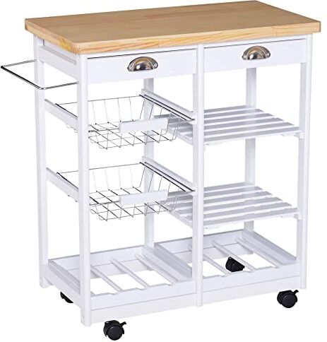 HOMCOM Carrello da Cucina con Ruote Cassetti e Portabottiglie in Legno Bianco 74 x 37 x 76cm