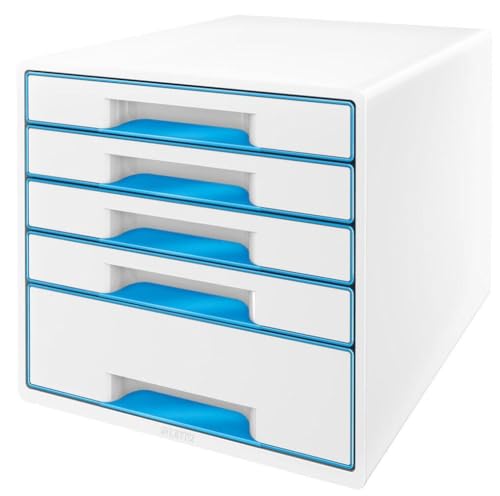 Leitz WOW Cube Cassettiera a 5 Cassetti, Organizer per Riporre Documenti, Cataloghi e Riviste in Formato A4, Adatta per Casa e Ufficio, Blu,