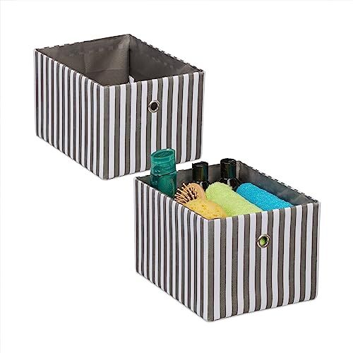 Relaxdays Scatola Portaoggetti, Set 2 Box in Stoffa da Scaffale, Portagiochi, 16x20x25 cm, No Coperchio, Grigio Bianco