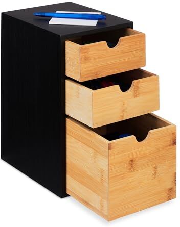 Relaxdays Cassettiera con 3 Scomparti Portaoggetti da Scrivania con Cassetti, 3 Cassettini, Organizer in bambù, 28 x 17 x 21,5 cm, Naturale Nero, Fibra di Legno