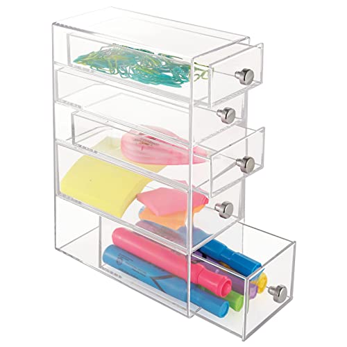 mDesign Organizer ufficio – Scatola porta oggetti di cancelleria in plastica con 5 cassetti – Portadocumenti da scrivania e armadio – bianco