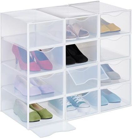 Relaxdays Set 12 Scatole di Plastica per Scarpe Fino al N. 45, Scarpiera con Box Impilabili, Shoe Organizer, Trasparenti, 14 x 23 x 33,5 cm