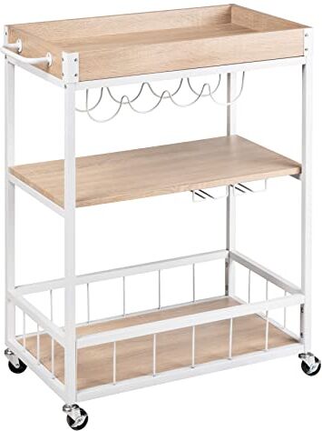 Wenko Carrello da cucina Rustico, 3 ripiani, carrello di servizio con 4 rotelle, isola cucina con portabicchieri e portabottiglie, 80 x 89,5 x 40 cm, carrello in metallo laccato e MDF, Sonoma/bianco