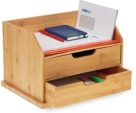 Relaxdays Organizer da scrivania , 2 cassetti, ufficio, scaffale per lettere e documenti, HBT 24 x 36 x 28 cm, bambù, naturale, colore marrone chiaro