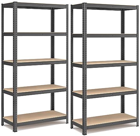 SONGMICS Set di 2 Scaffali per Carichi Pesanti, Scaffalature a 5 Ripiani in Acciaio, Senza Viti, in Garage, Magazzino, Ripostiglio, Portante 875 kg, 40 x 90 x 180 cm, Grigio Tortora GLR040G02