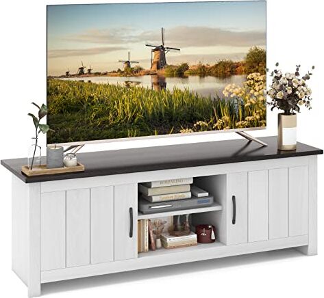 COSTWAY Mobile TV con 2 Ante per TV fino a 65", Mobile Porta TV in Legno con Ripiani Aperti, Mobile per TV in Legno per Soggiorno, 145 x 39,5 x 49,5 cm (Grigio Scuro)