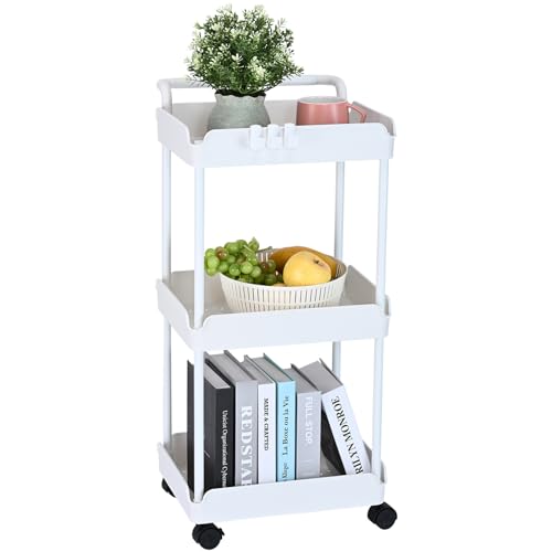 VEVOR Carrello Multiuso 3 Ripiani a Rotelle Carrello Portaoggetti 370x355x761 mm Ruote Bloccabili Carico Max. 45kg, Carrello Mobile Materiale PP Portaoggetti Salvaspazio Ufficio Cucina Colore Bianco