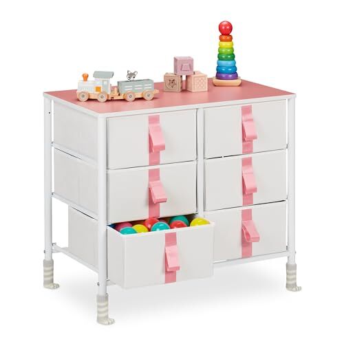 Relaxdays Cassettiera per Bambini, per la Cameretta, 6 Cassetti Porta Giochi o Vestiti, HLP: 61,5x68x40,5cm, Bianco Rosa, Acciaio, Poliestere, Fibra di Legno