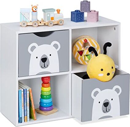 Relaxdays Scaffale per Bambini, 2 Cassetti Portagiochi, HLP: 48x60x24,5 cm, Libreria per Cameretta Giochi, Bianco Grigio, 80% 20% Fibra di Legno