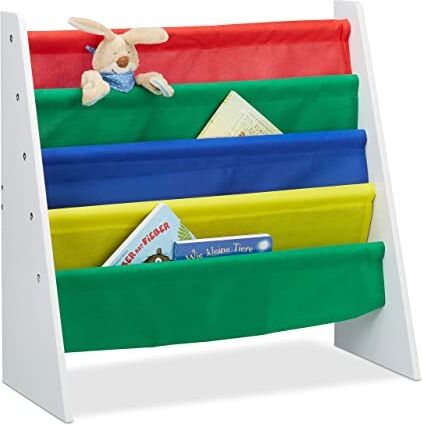 Relaxdays Libreria per Bambini, Scaffale Espositore, Mobiletto Libri e Giocattoli, in MDF+poliestere, 4 Scompartimenti in Tessuto, Colorato