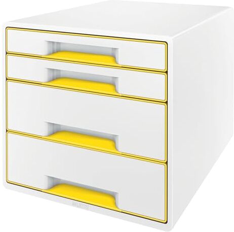 Leitz WOW Cube Cassettiera a 4 Cassetti, Organizer per Riporre Documenti, Cataloghi e Riviste in Formato A4, Adatta per Casa e Ufficio, Giallo,