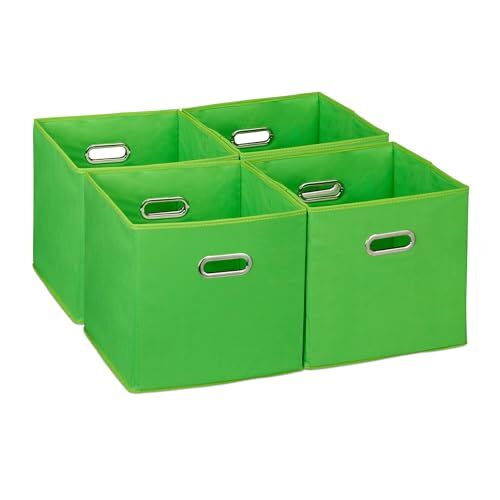 Relaxdays Set di 4 Scatola Portaoggetti, Set 4 Box Cubo da Scaffale HLP 30 x 30 x 30 cm, Portagiochi Pieghevole in Stoffa, Verde, Poliestere, Cartone