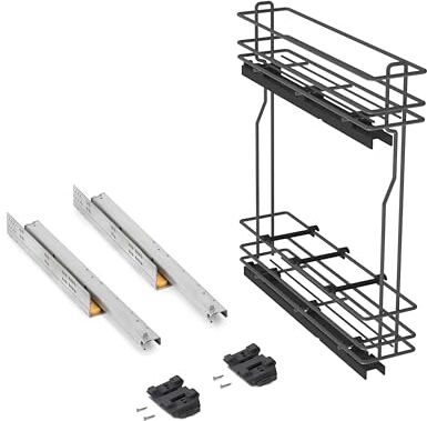 Emuca Carrello portabottiglie estraibile per mobile di cucina, Montaggio laterale, chiusura soft, Modulo 150mm, Grigio antracite, Acciaio