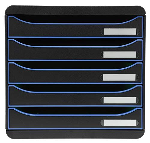 Exacompta Cassettiera BIG-BOX PLUS BLACK OFFICE 5 cassetti aperti per formato fino a 24x32cm Dimensioni (LxAxP): 27,8x27,1x34,7cm Nero/Blu ghiaccio/Nero
