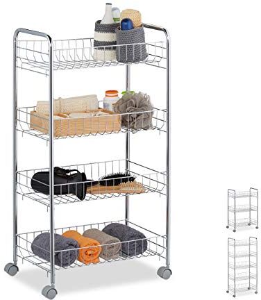 Relaxdays Scaffale in Metallo Carrello da Cucina, Ripiani, Portavivande, 4 Ruote, Multiuso, Bagno & Ufficio,Salvaspazio,77x40,5x26,5, Acciaio, plastica, Argento/Grigio