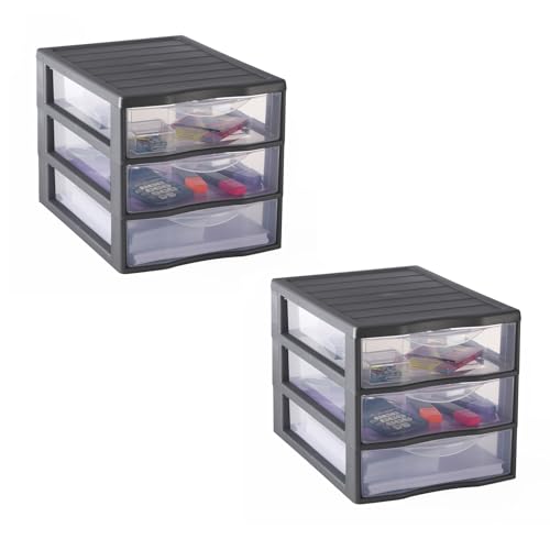 Sundis Orgamix, set di 2 cassettiere plastica, 3 cassetti A4 trasparenti, altezza 25,5 cm, impilabile, ideale per l'archiviazione in ufficio, lezioni, documenti, materiale di consumo