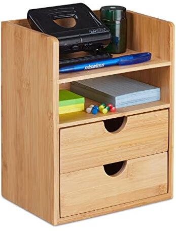 Relaxdays Organizer da Scrivania in bambù, Portaoggetti Salvaspazio con 2 Cassetti e Ripiani, HLP: 24x19x13 cm, Marrone, 90% 10% Fibra di Legno, Naturale, 1 pz