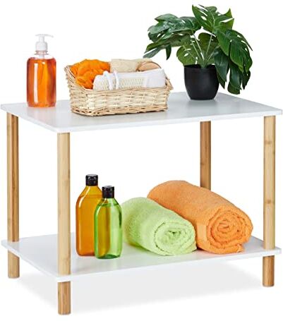 Relaxdays Scaffale da Bagno, 2 Ripiani, bambù e MDF, HLP: 44x60x40 cm, Mobile Autoportante da Cucina, Bianco Naturale, 60% Pannello di Fibra 40%, 1 pz