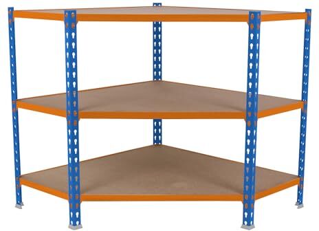 SimonRack Scaffale in metallo ad angolo, senza viti, 3 ripiani in legno, ad alta capacità di carico: 200 kg, 900 x 900 x 300 mm, scaffalatura garage ripostiglio, blu/arancione/legno