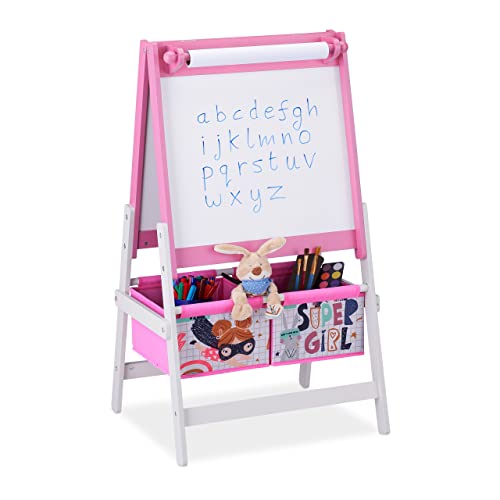 Relaxdays Lavagna per Bambini, 2 in 1, con Rotolo di Carta e Cestini Porta Accessori, HxLxP: 94x52x46,5 cm, Rosa Bianco, 80% Fibra 20% Tessuto Non Tessuto