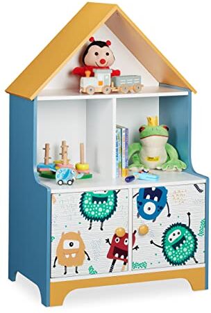 Relaxdays Scaffale Portagiochi, Motivo Mostri, Cameretta Bambini, 5 Scomparti, Casetta, HLP: 100x63,5x40 cm, Multicolore, 100% Fibra