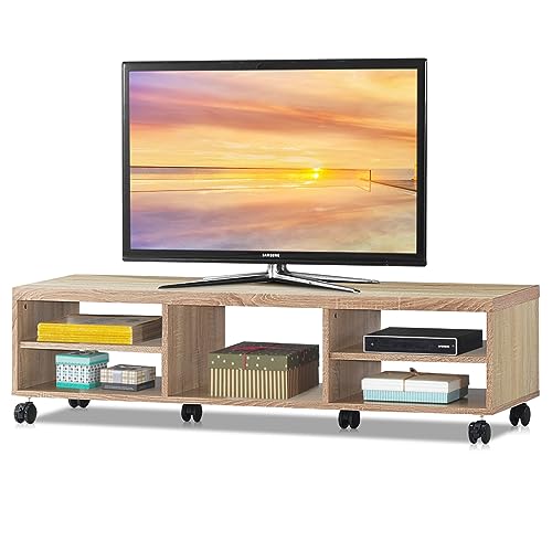 COSTWAY Mobile Porta TV con Ripiani Aperti, per TV fino a 140 cm, Mobile TV di Legno con Ruote, per Salone, Camera da letto, Corridoio, Facile da Montare (Naturale)