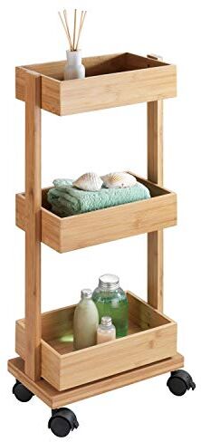 Wenko Scaffale Tortona, scaffale su ruote con 3 ripiani, armadio da bagno in bambù, carrello da bagno, carrello per il bagno, 18 x 71,5 x 31 cm, naturale