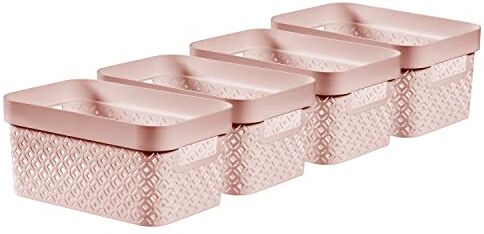 Curver Terrazzo Set di 4 cestini rettangolari piccoli per cucina, soggiorno, bagno, camera da letto, 4,5 litri, colore: rosa