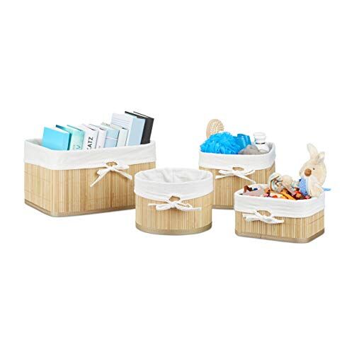 Relaxdays Set 4 Cestini Portaoggetti in bambù, Scatole per Armadi, Organizer Scaffali, HxLxP 17,5 x 32 x 23 cm, Naturale, Bambú, Marrone, 22x32x17.5 cm