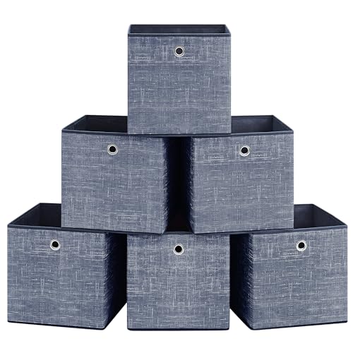 SONGMICS Scatole Portaoggetti, Set di 6 Contenitori in Tessuto Non Tessuto con Manico, 30 x 30 x 30 cm, Unità di Organizzazione, per Scaffale, Pieghevoli, Porta Abiti, Blu Nebbia RFB006I01