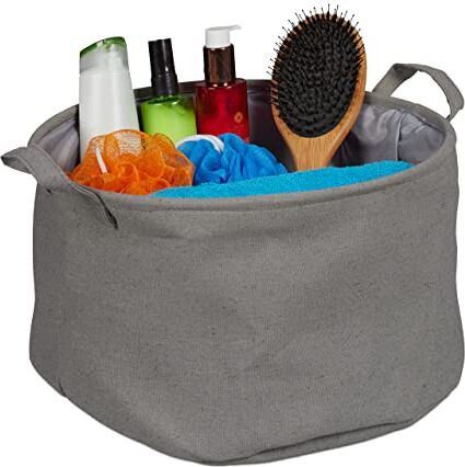 Relaxdays Cestino Portaoggetti Pieghevole, Box per Bagno, Camera e Cucina, H x Ø 20 x 35 cm, Cesto con Manici, Grigio, 90% Poliestere 10% gommapiuma