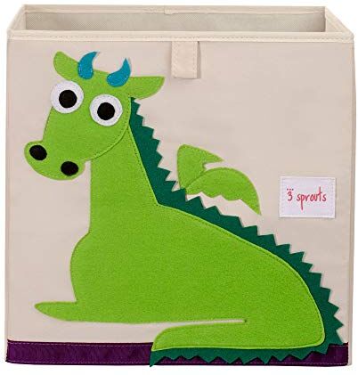 3 Sprouts , Contenitore Portaoggetti, Portagiochi per Bambini, Ideale per Contenere Oggetti e Giochi, Decorato con Drago Verde, Compatibile con Scaffali, 33x33x33 cm